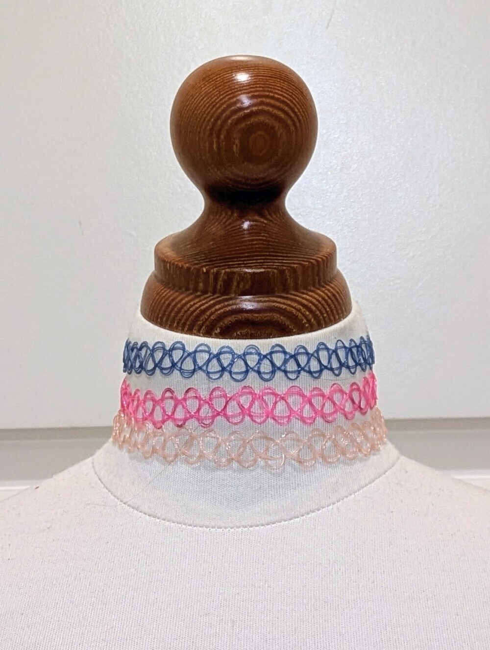 3/$30 EUC Set of 3 Y2K Tattoo Choker Necklaces in Light Pink, Dark Pink And Blue
